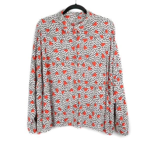 Asos Design Womens Button Up Shirt Size 16 Black Red Hearts Crop Flowy Spring - Picture 2 of 7